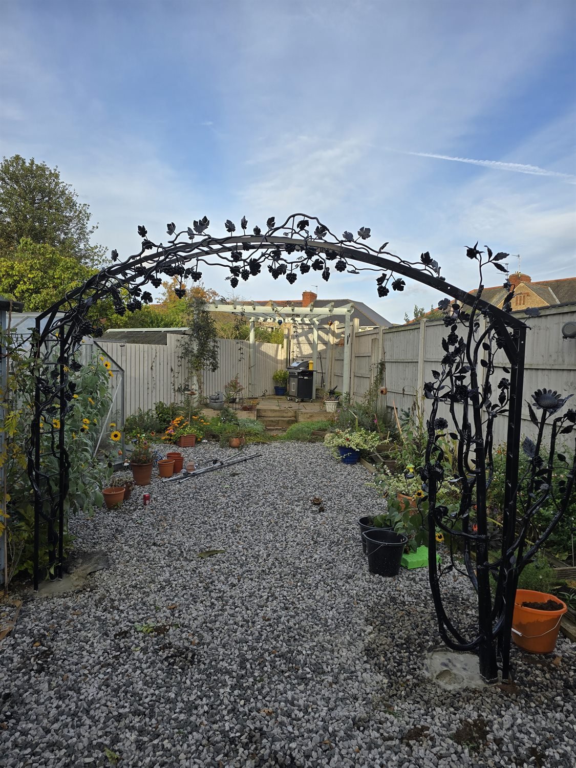 Close view of bespoke steel grapevine archway
